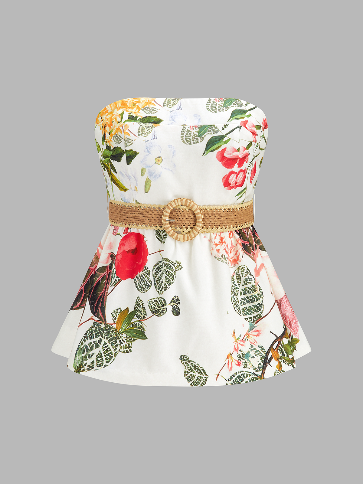 Floral Print Belted Strapless Top & Shorts Set for Summer Beachwear