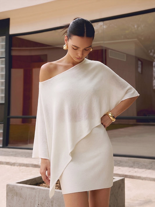 Asymmetric Knit Cape Top & Mini Skirt Set Stylish Women's Outfit