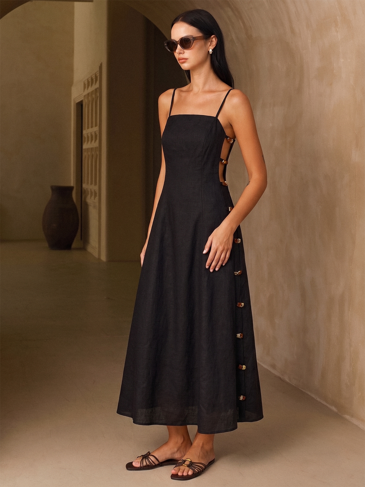 Linen-Blend Amber Detail Cami Midi Dress with Adjustable Straps