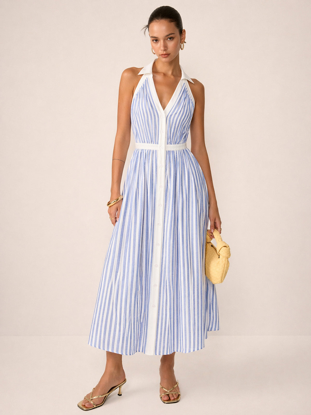 Striped Cotton Blend Collared Halter Midi Dress with Side Pockets and Belt