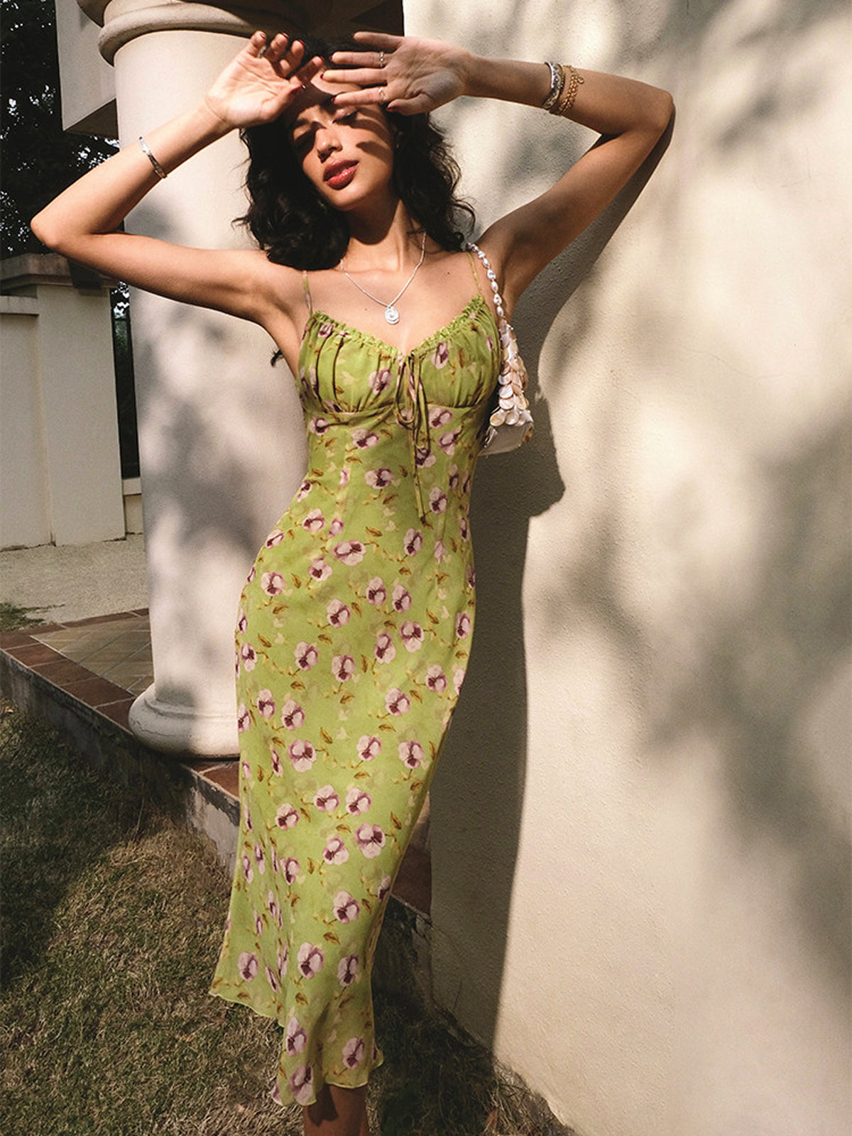 Floral Ruched Bust Bodycon Cami Midi Dress for Summer Weddings
