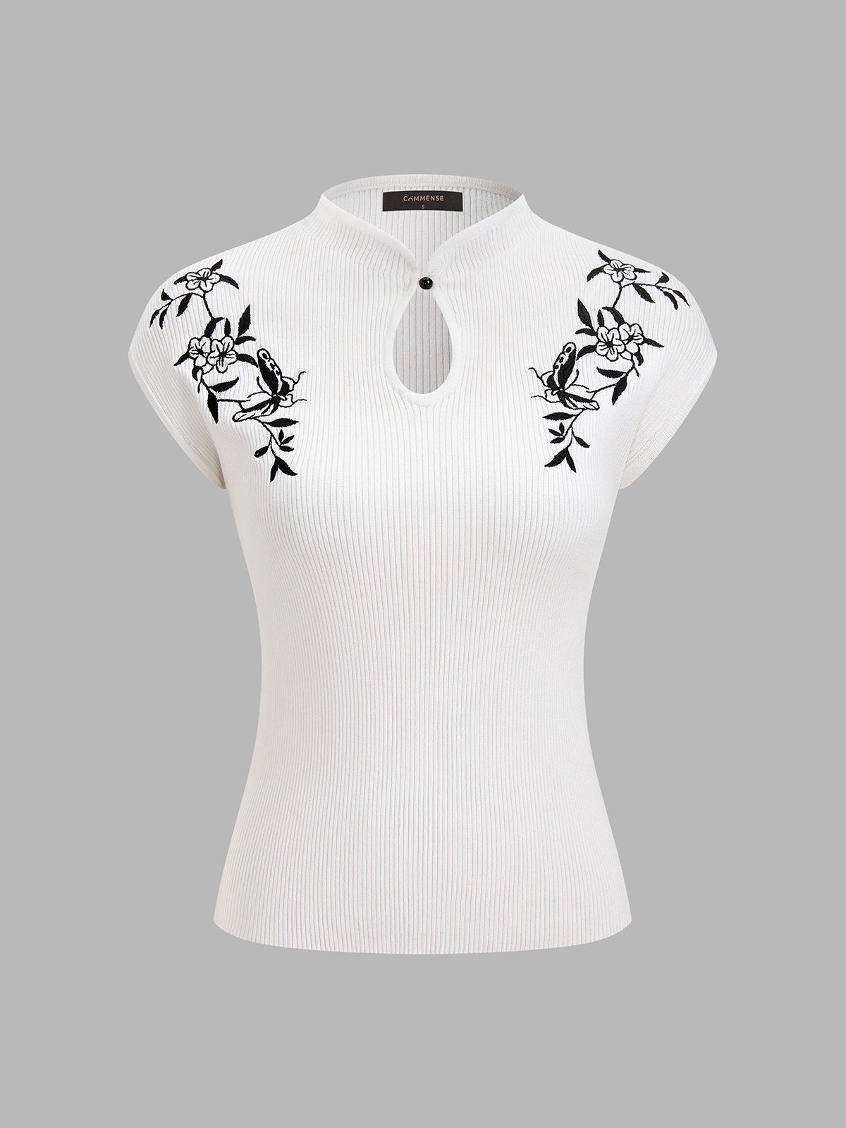 Butterfly Embroidery Keyhole Ribbed Knit Top Women's Casual Spring Wear