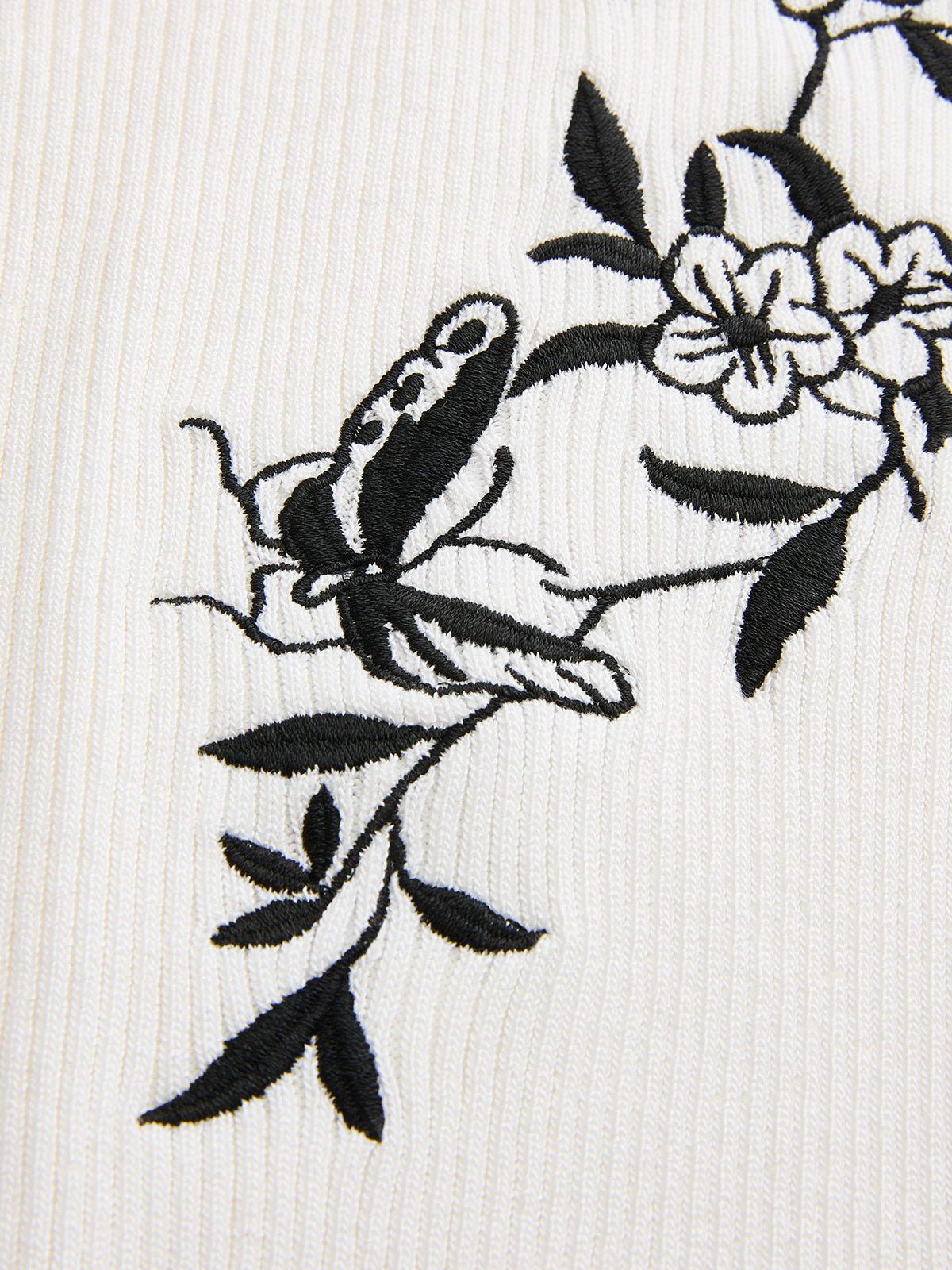 Butterfly Embroidery Keyhole Ribbed Knit Top Women's Casual Spring Wear