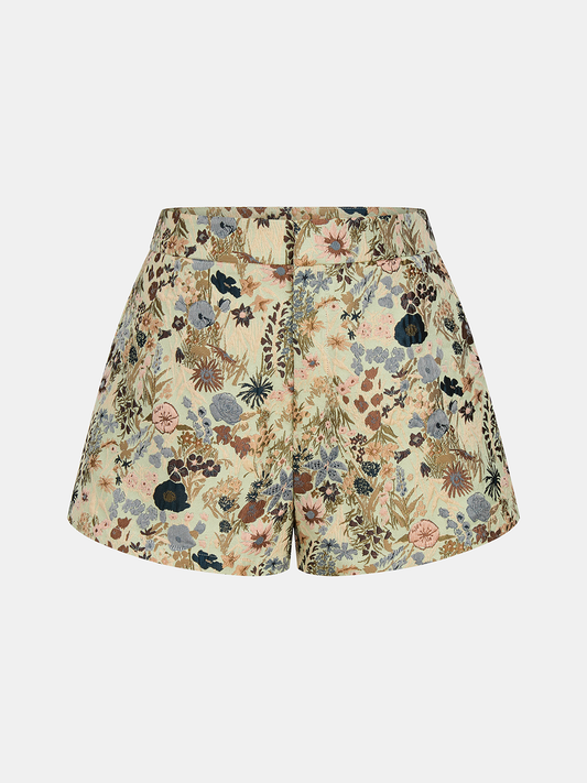 Vintage Floral Jacquard Mid Waist Shorts for Women Summer Casual