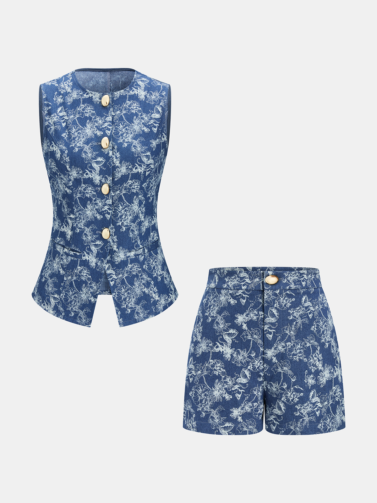 Floral Jacquard Denim Vest & Shorts Set for Spring Casual Wear