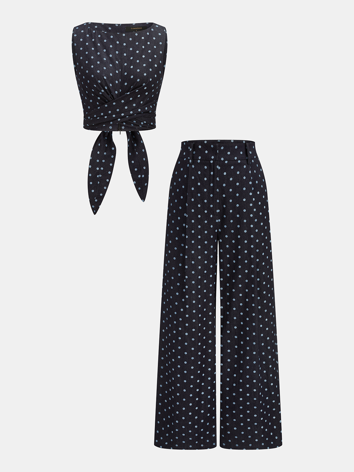 Denim Polka Dot Crop Top & Pants Set Casual Summer Outfit