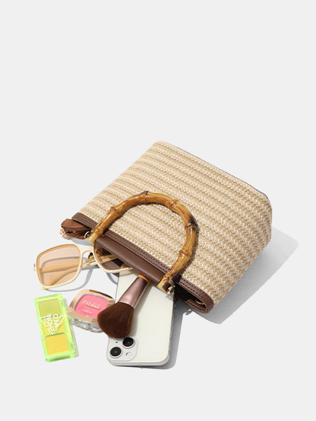 Bamboo Handle Straw Crossbody Handbag Lightweight Summer Beach Tote