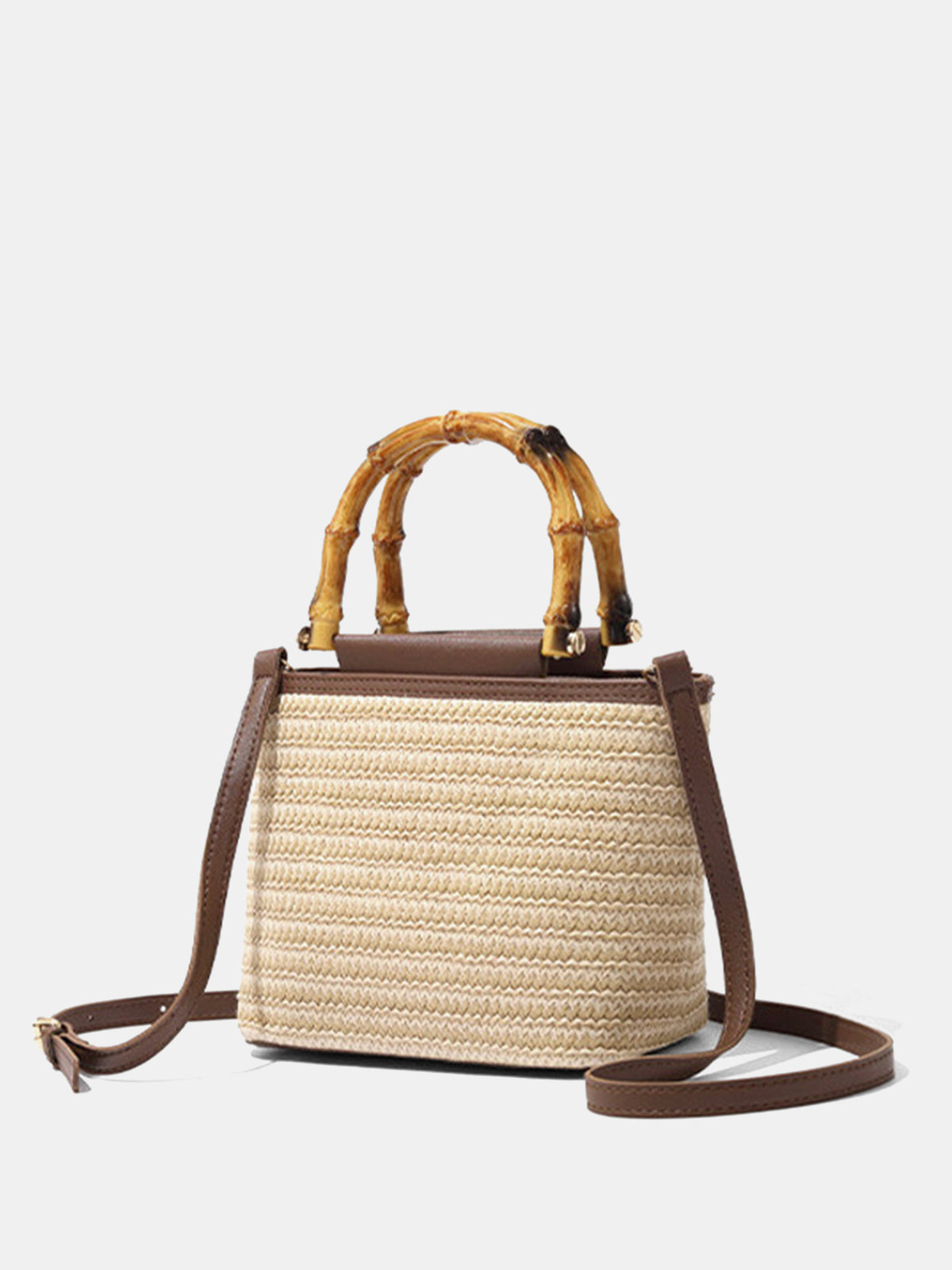 Bamboo Handle Straw Crossbody Handbag Lightweight Summer Beach Tote