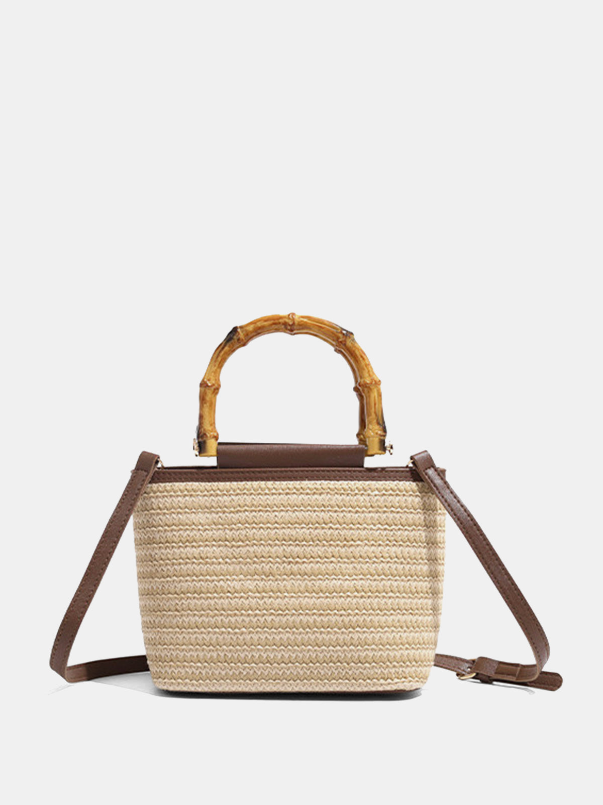 Bamboo Handle Straw Crossbody Handbag Lightweight Summer Beach Tote