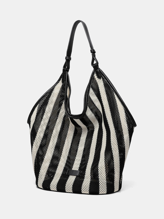 Striped Woven Mesh Hobo Shoulder Bag Lightweight Casual Everyday Style