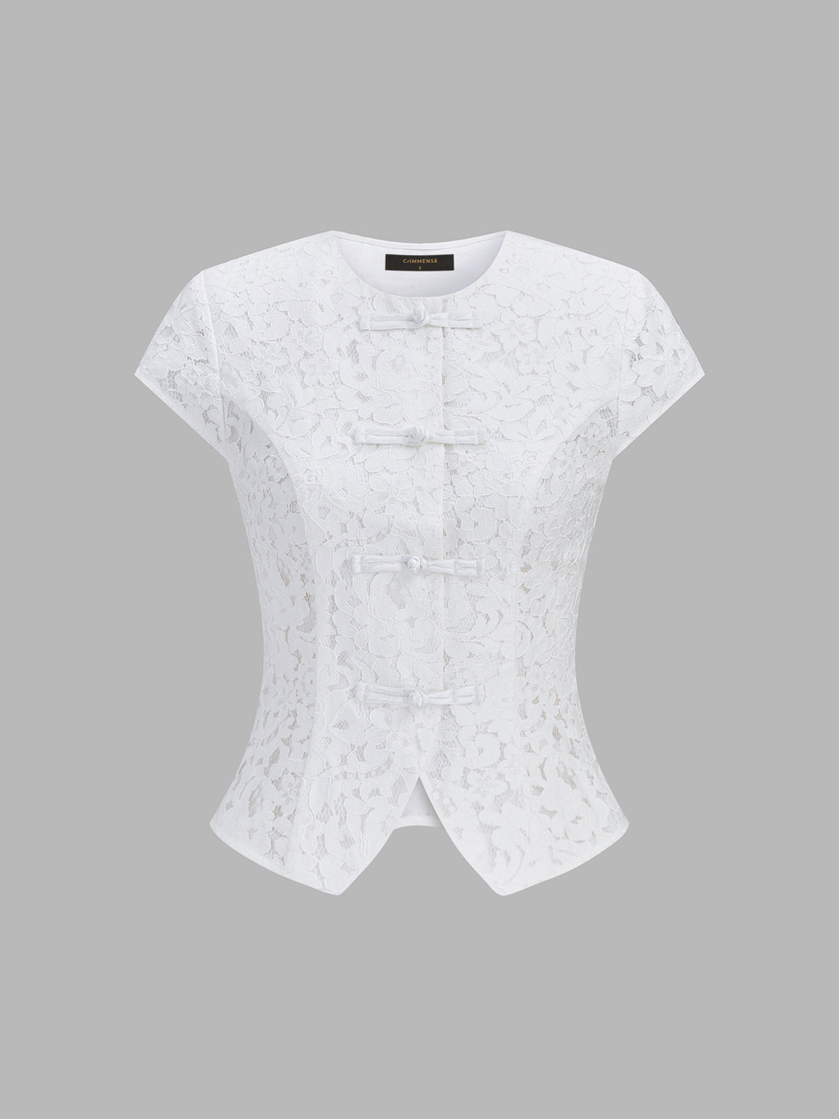 Short Sleeve Frog Button Lace Blouse with Elegant Mandarin Collar