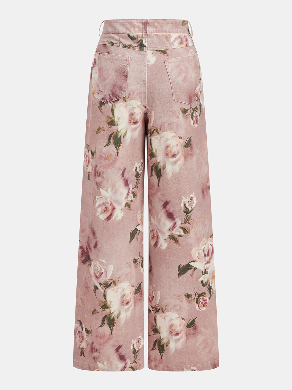 Mid-Waist Rose Print Wide Leg Denim Pants for Women Comfort Fit