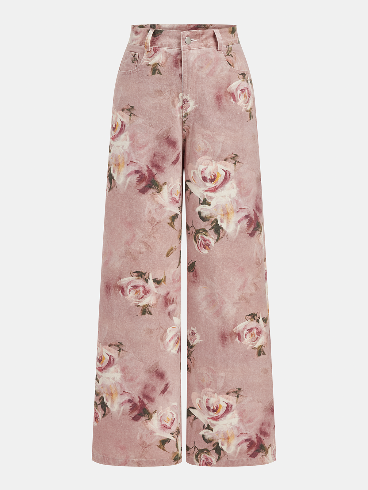 Mid-Waist Rose Print Wide Leg Denim Pants for Women Comfort Fit