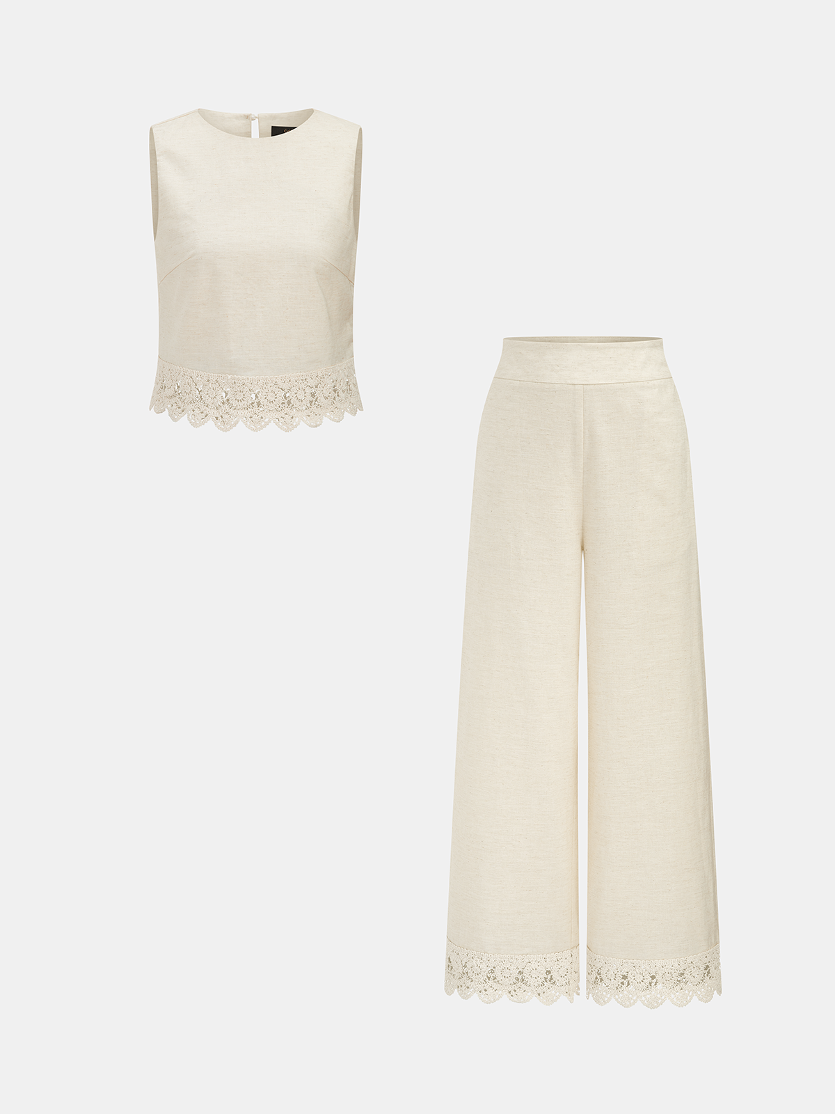 Cotton Linen Lace Trim Two-Piece Pants Set for Women Casual Comfortable