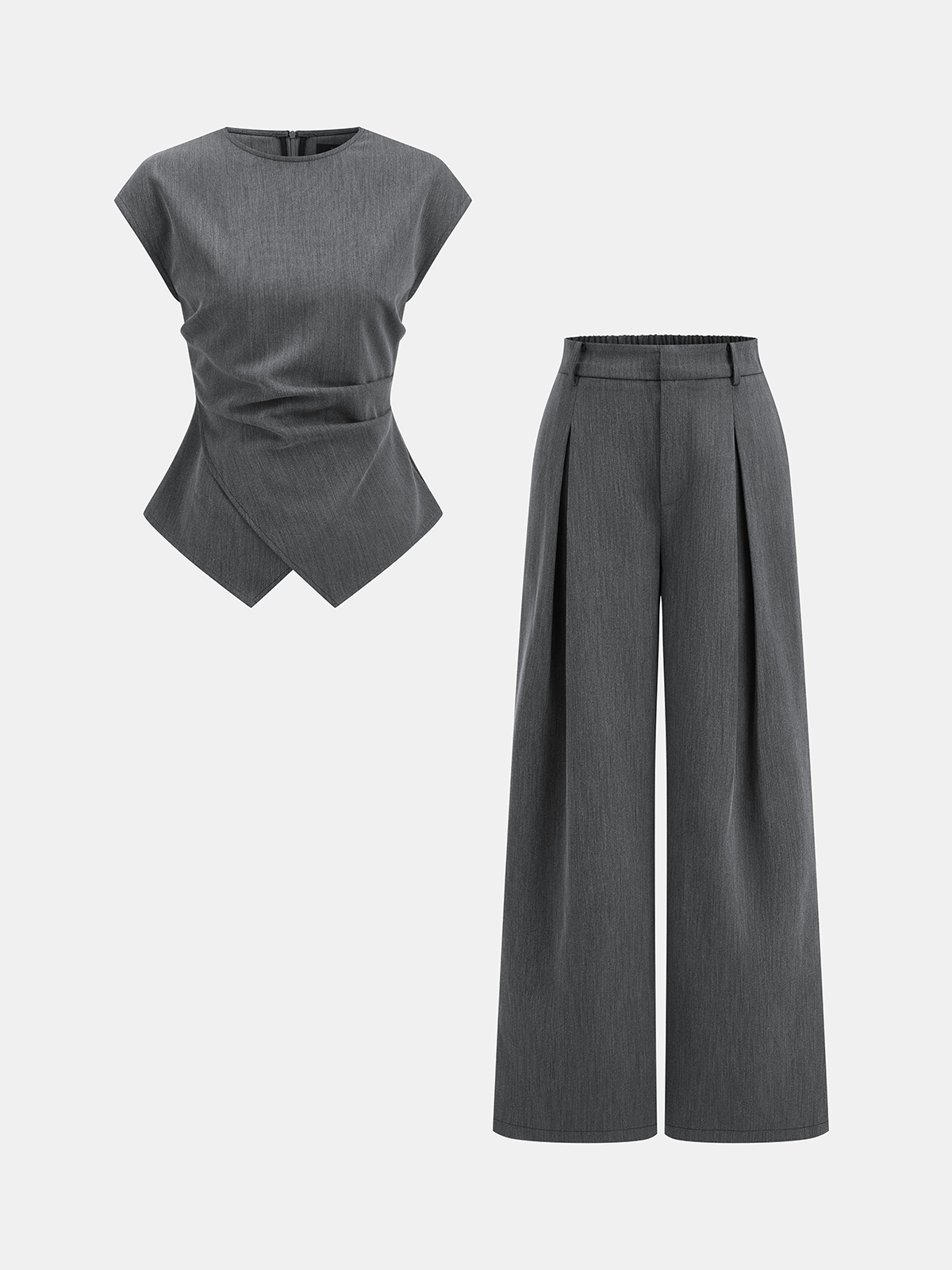 Cap Sleeve Ruched Blouse & Pleated Pants Set for Women, Elegant Office Wear