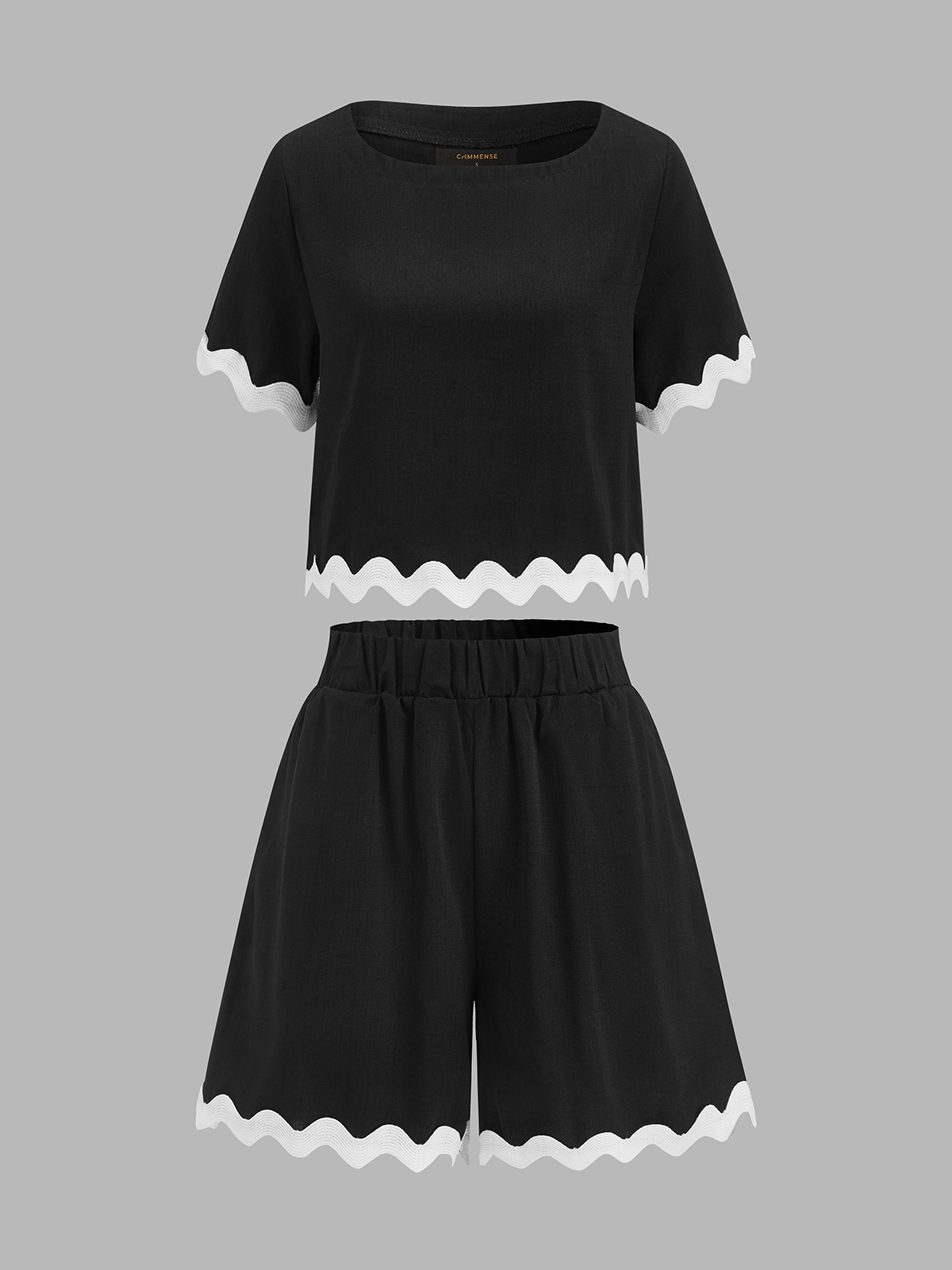 Contrast Scallop Trim Short Sleeve Top & Shorts Set for Women Summer