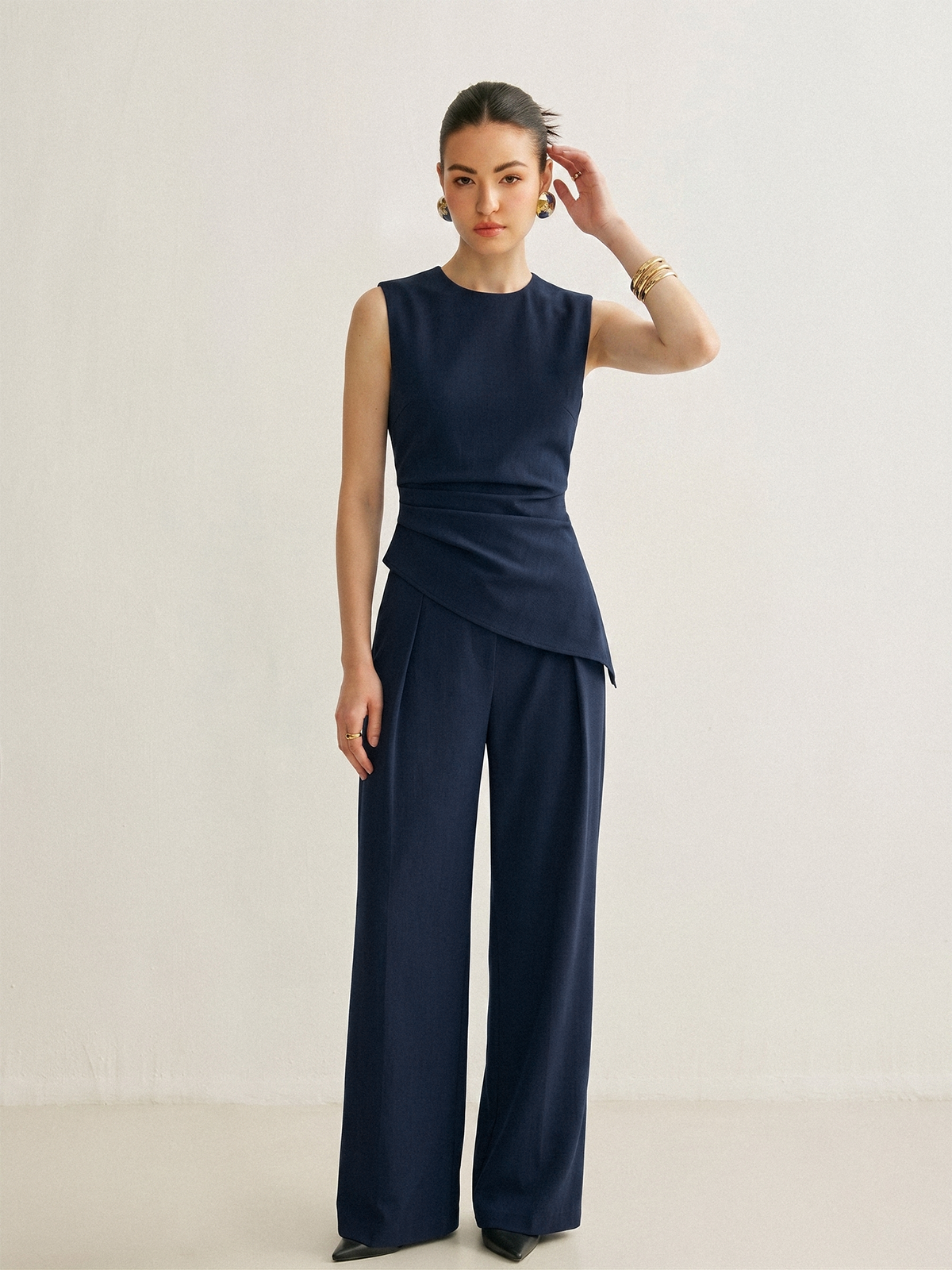 Sleeveless Asymmetric Top & Pleated Pants Set for Women's Formal Wear
