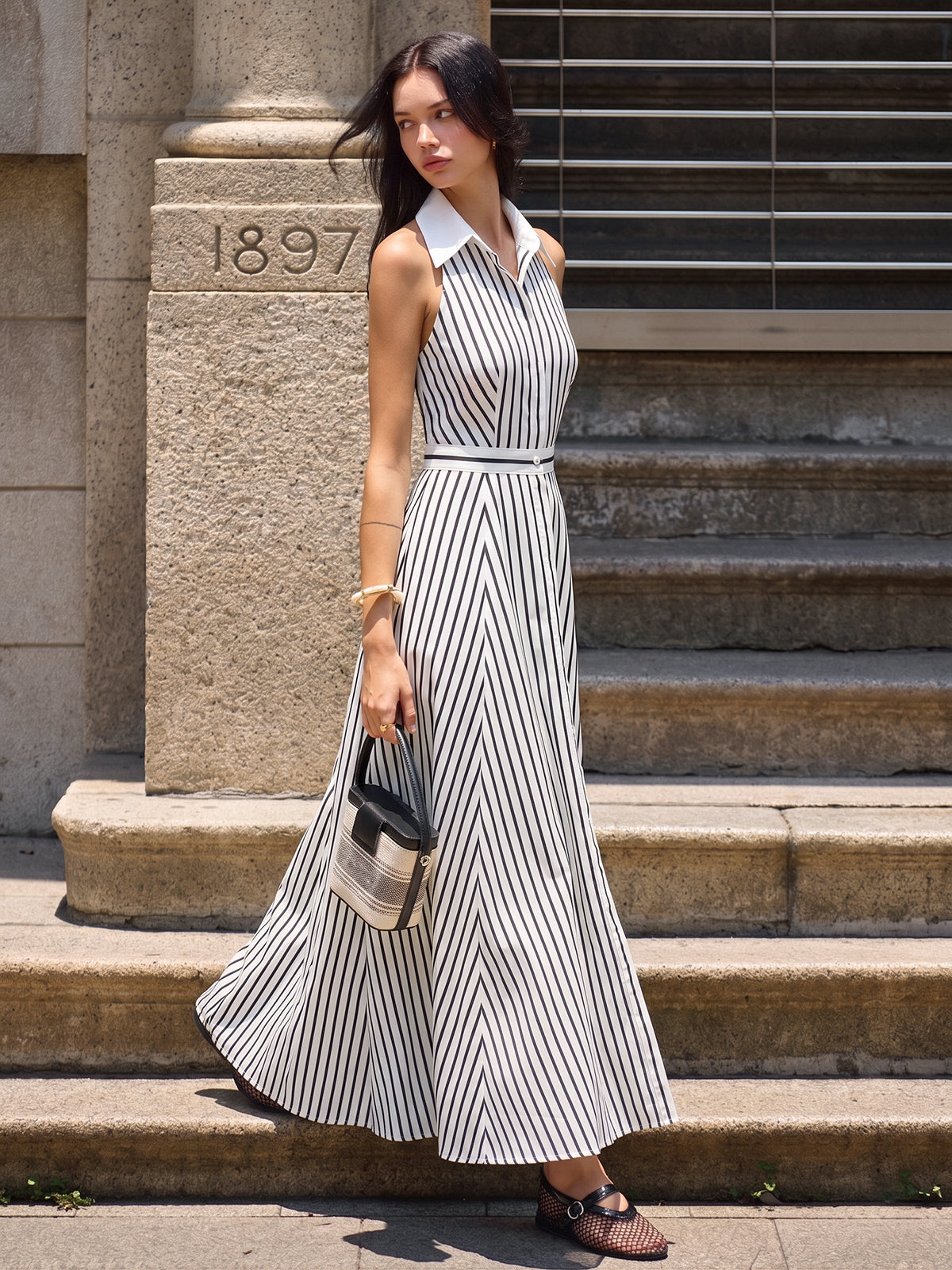 Striped Sleeveless Shirt Maxi Dress with Belted Waist Detail