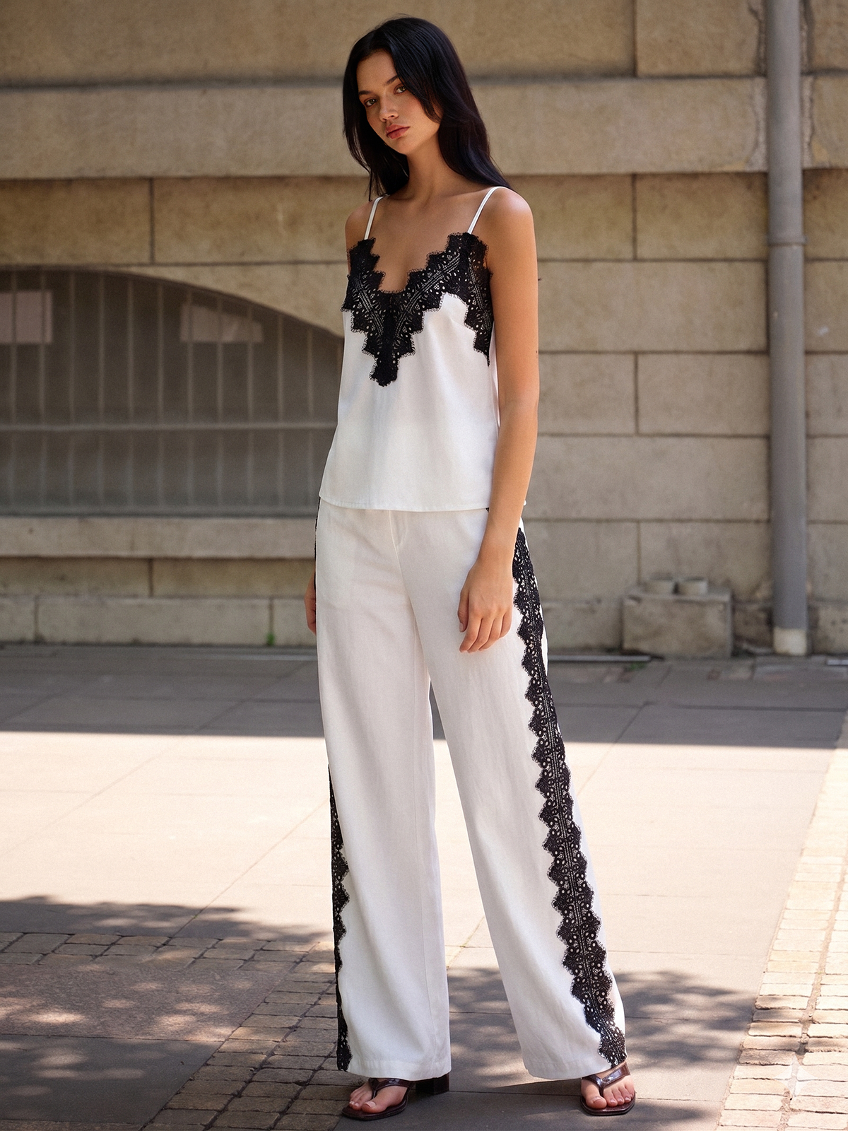 Lace Trim Cami Top & Wide Leg Pants Set for Women 2023 Summer Fashion