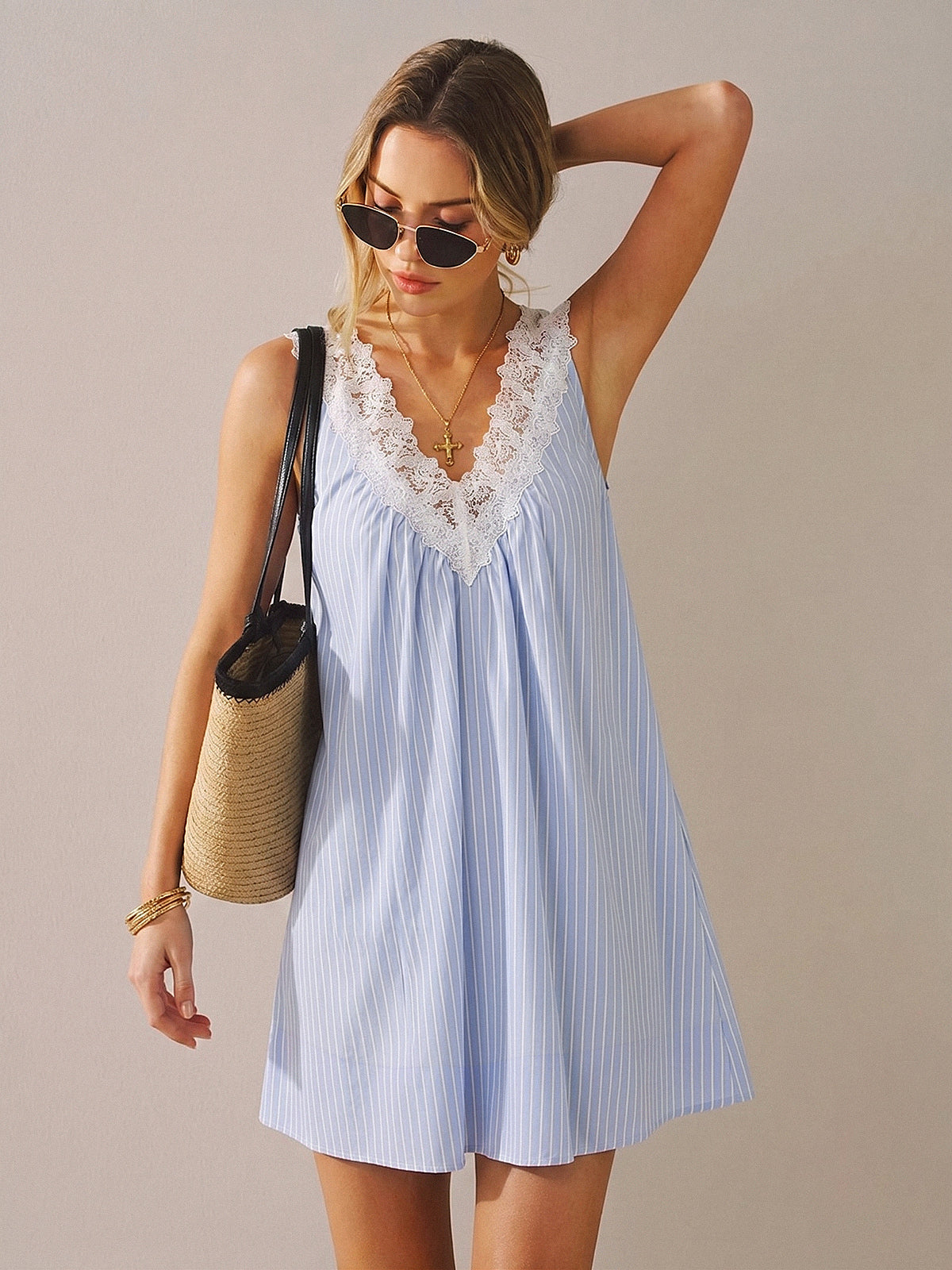 Striped Lace Trim V-Neck Mini Dress with Back Zip Closure