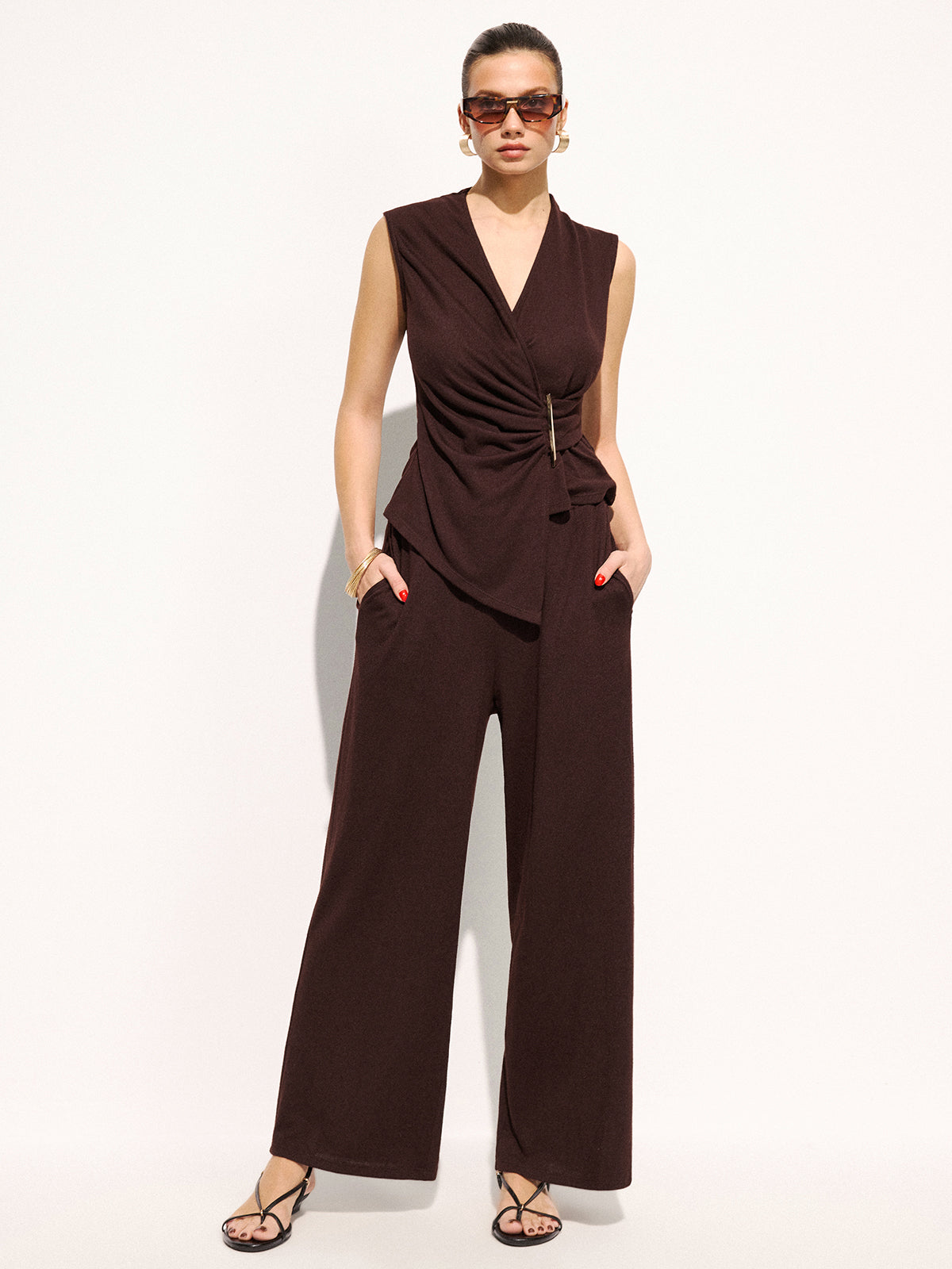 Metal Detail Ruched Top & Pants Set for Elegant Evening Wear