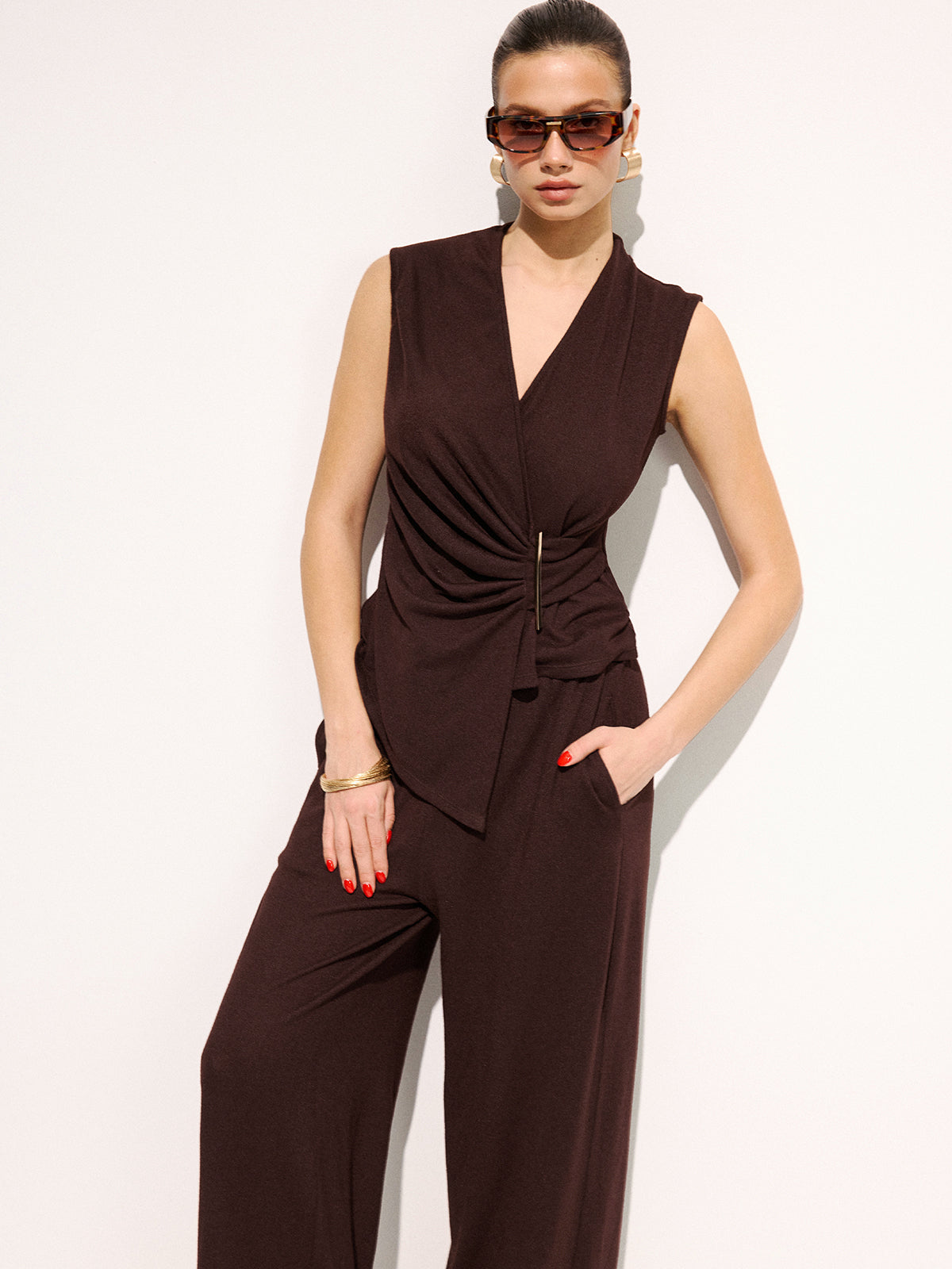 Metal Detail Ruched Top & Pants Set for Elegant Evening Wear