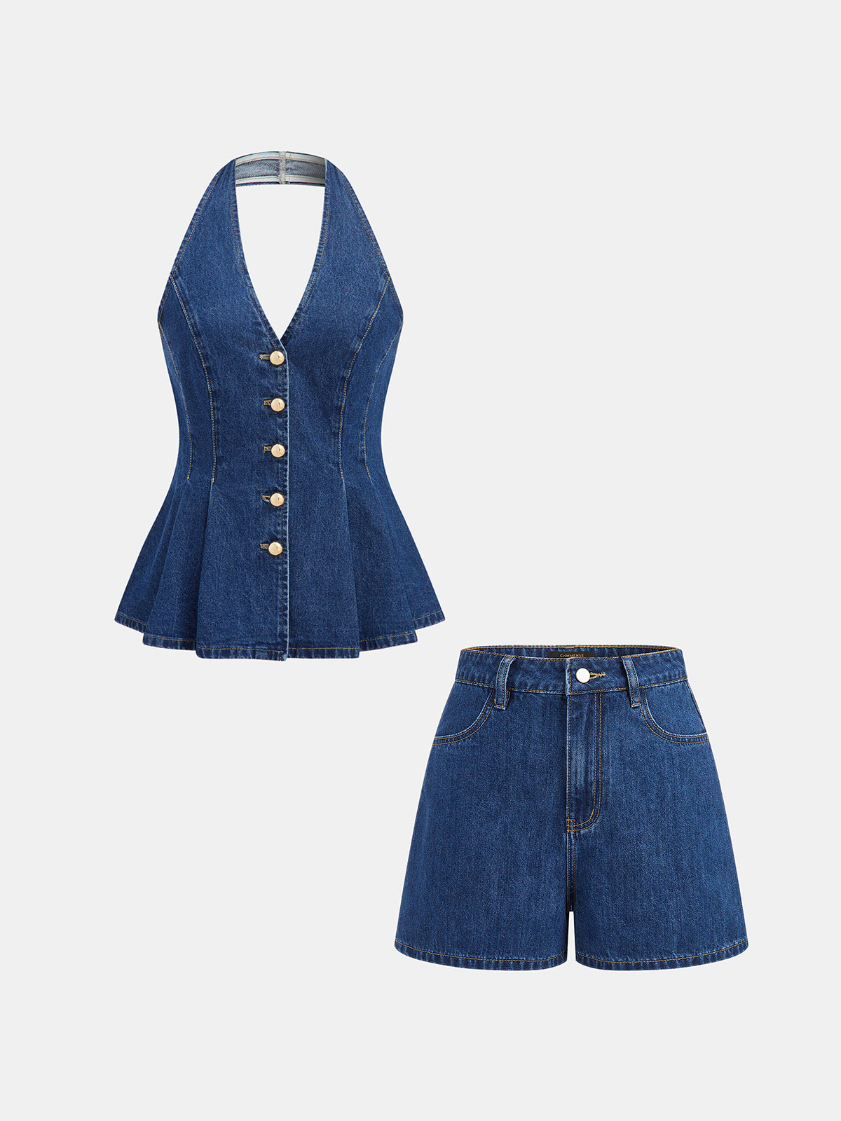 Denim Halter Peplum Top & Shorts Set for Summer Casual Wear