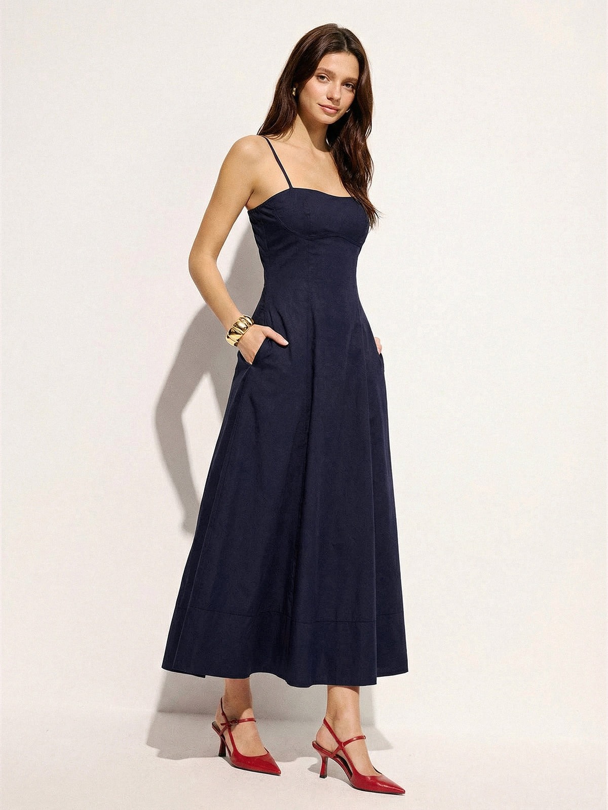 Cotton Blend Pocketed Cami Flared Maxi Dress for Women Casual Summer
