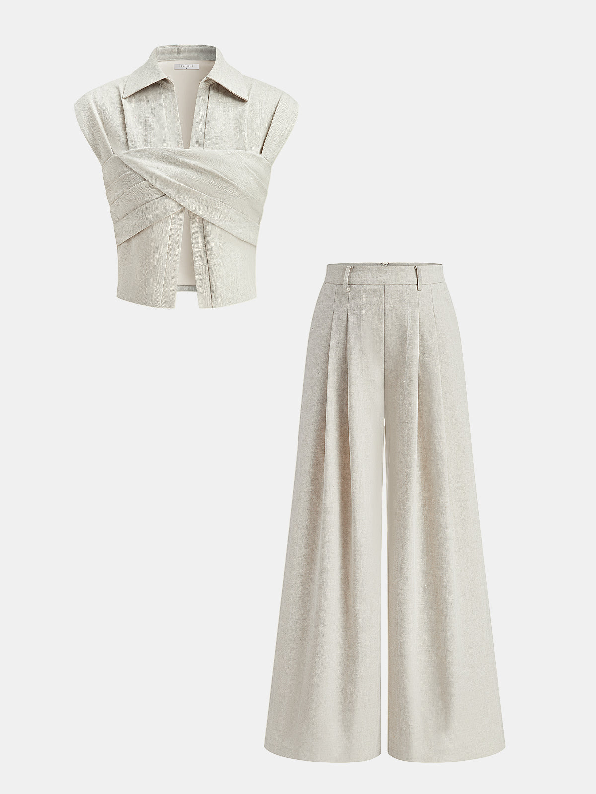 Cotton Linen Wrap Top & Pleated Pants Set for Women Comfort Fit
