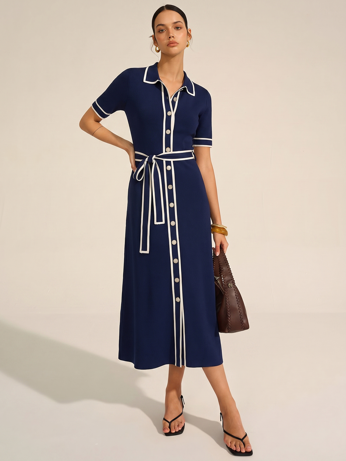 Contrast Trim Belted Short Sleeve Knit Dress for Women Summer Casual