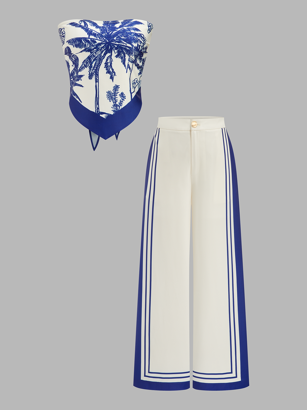 Printed Strapless Top & Wide Leg Pants Set for Women Summer Outfits