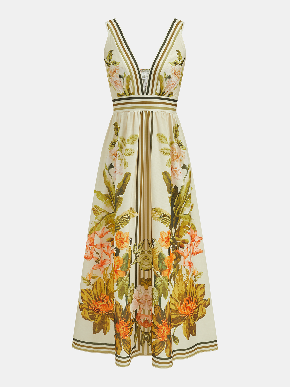 Tropical Floral Print Deep V-Neck Maxi Dress with Flowing Skirt