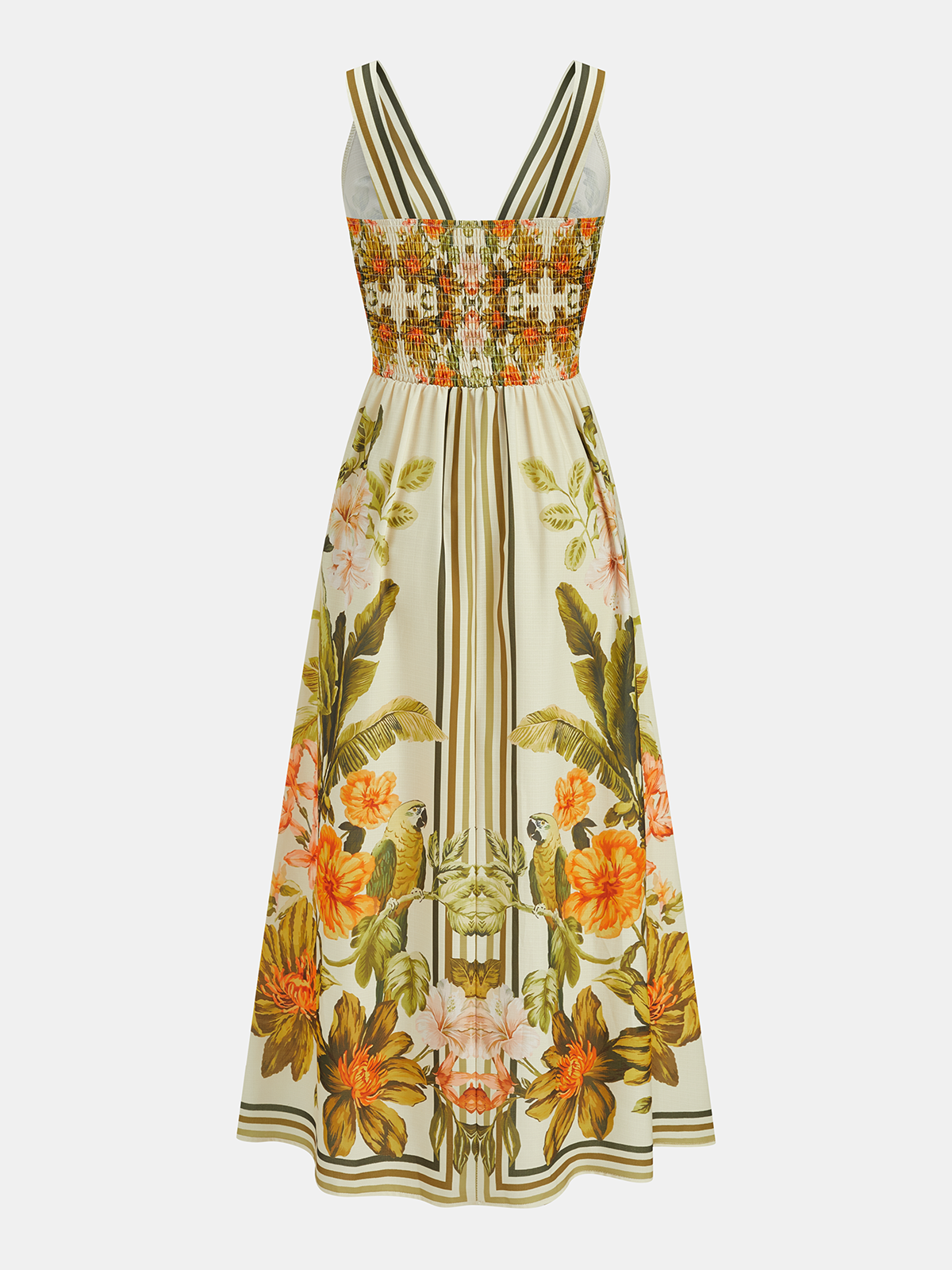 Tropical Floral Print Deep V-Neck Maxi Dress with Flowing Skirt