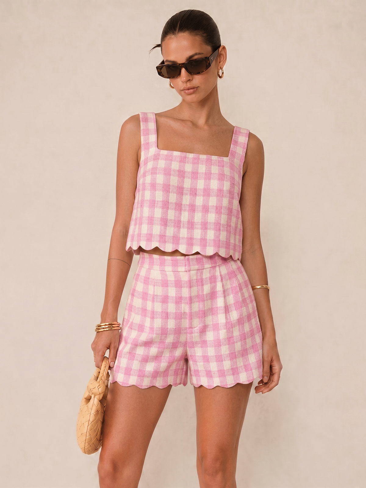 Gingham Scallop Hem Crop Top & Shorts Set for Women Summer Outfits