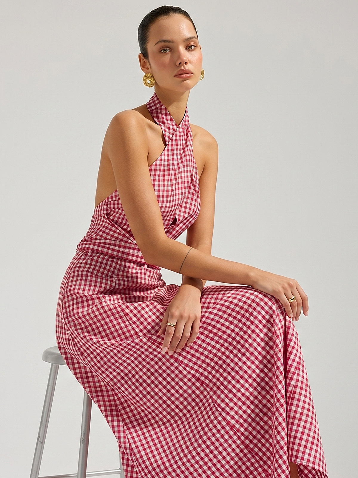 Gingham Halter Cotton Maxi Dress - Women's Lightweight Summer Outfit