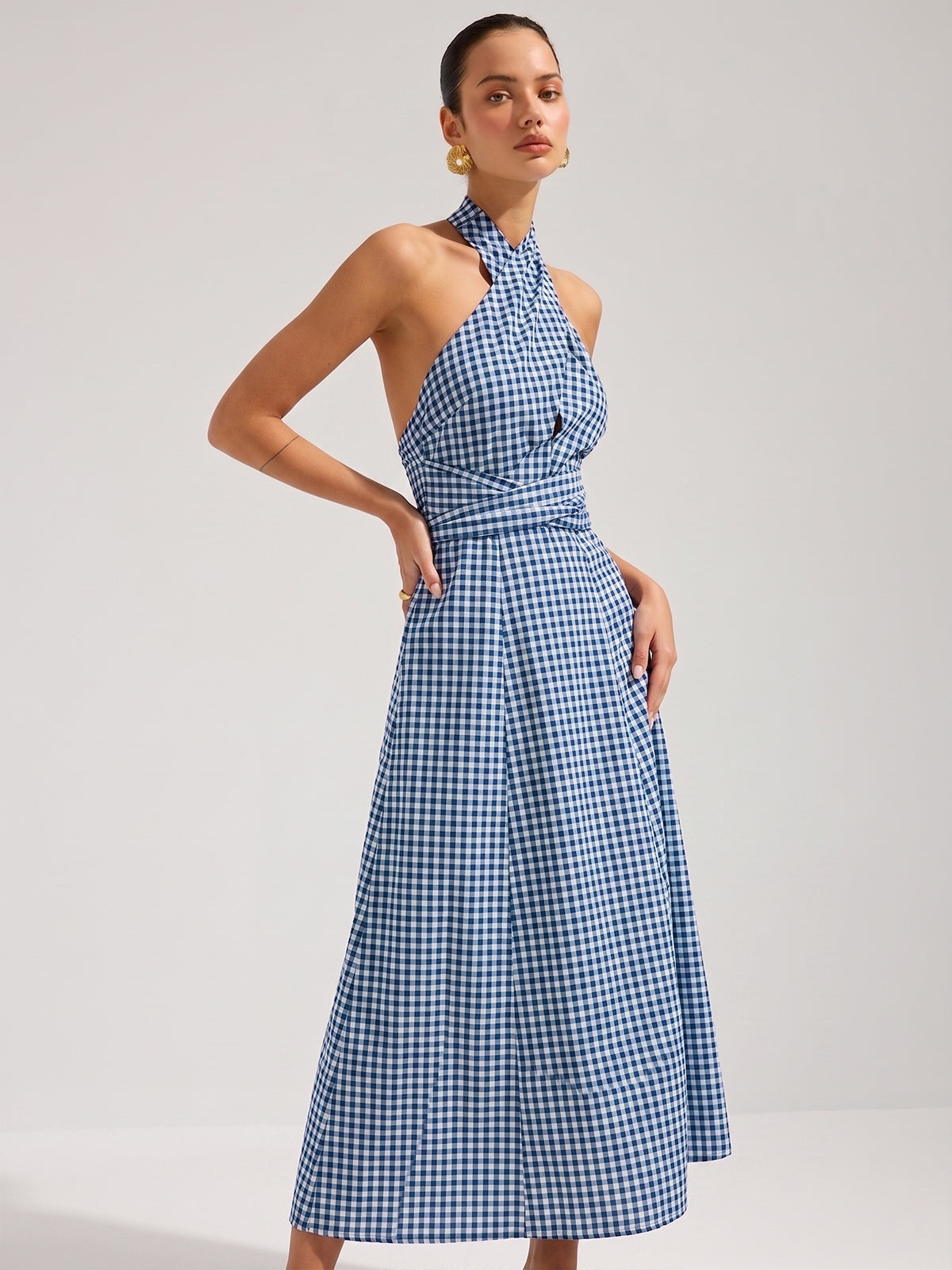 Gingham Halter Cotton Maxi Dress - Women's Lightweight Summer Outfit