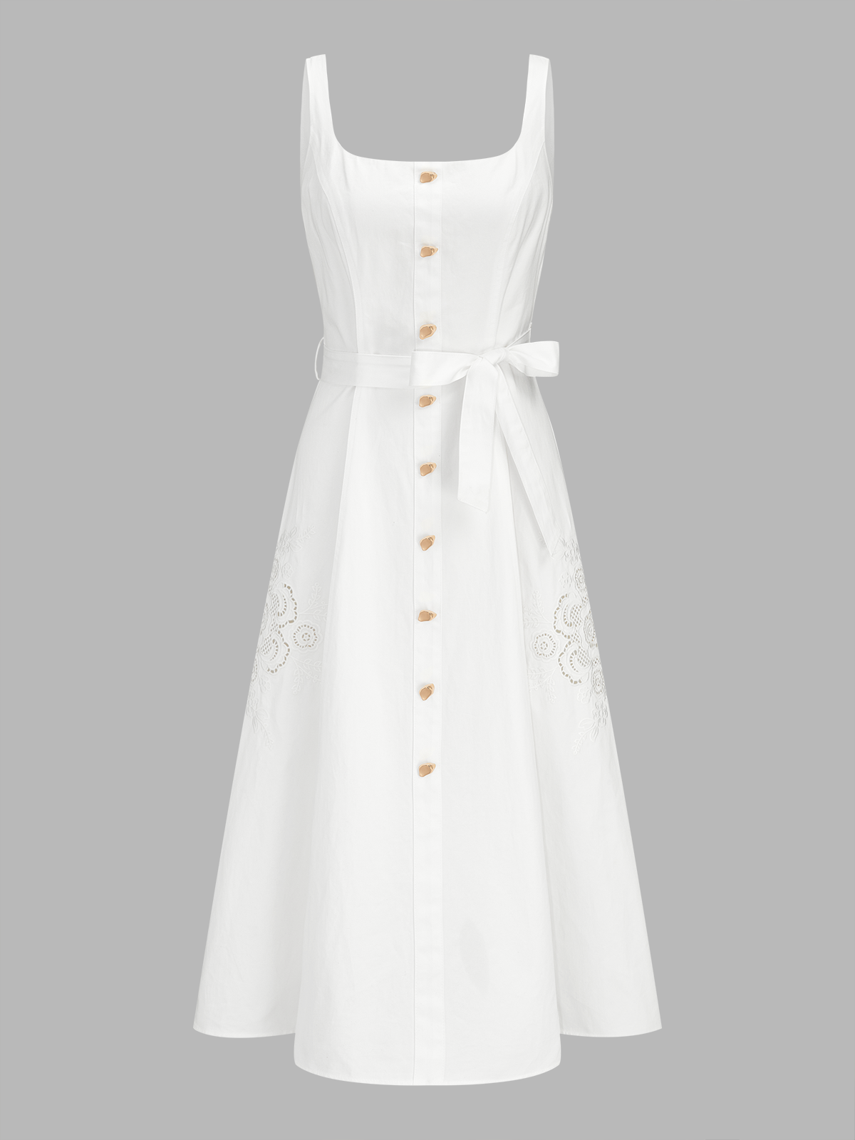 Eyelet Embroidery Belted Square Neck Maxi Dress Women's Summer Fashion