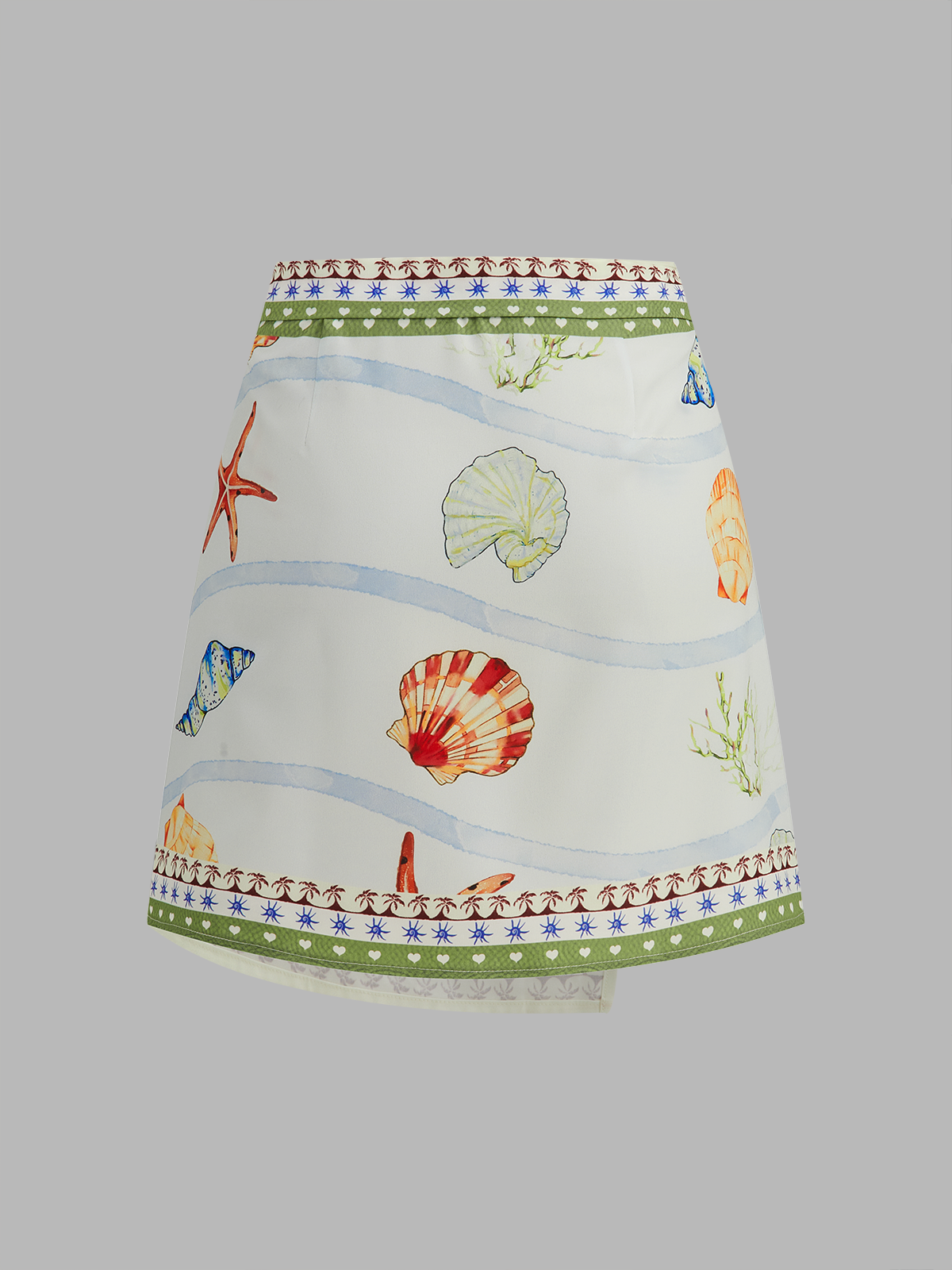 Seashell Print Wrap Mini Skirt with High Waist Design