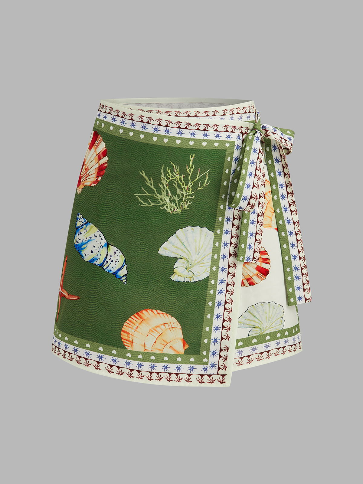 Seashell Print Wrap Mini Skirt with High Waist Design