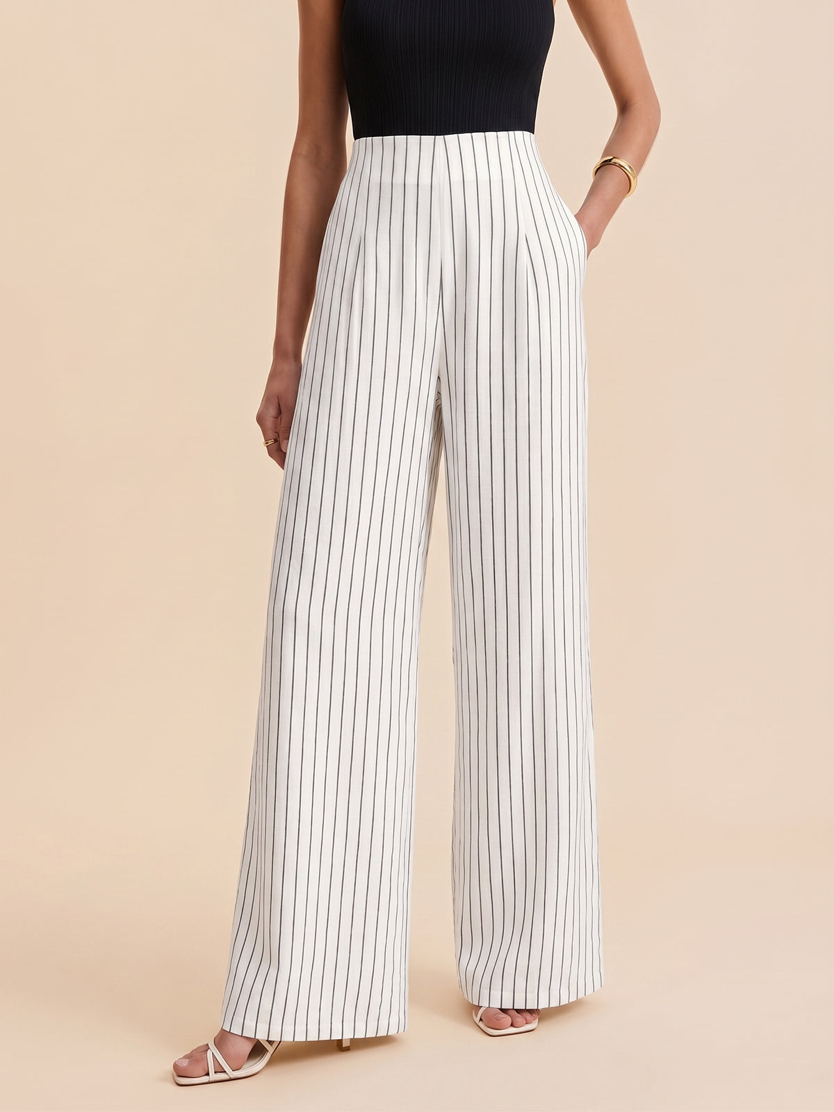 Pinstripe Cotton Linen Wide Leg Pants for Summer Comfort