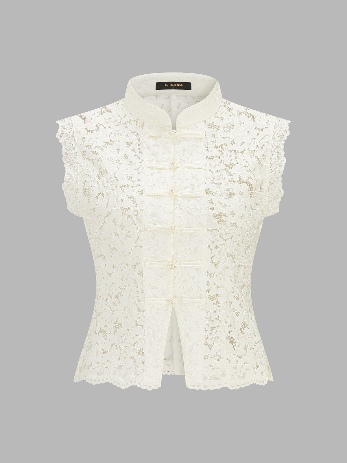 Lace Mandarin Collar Sleeveless Top Women's Elegant Pearl Button Blouse
