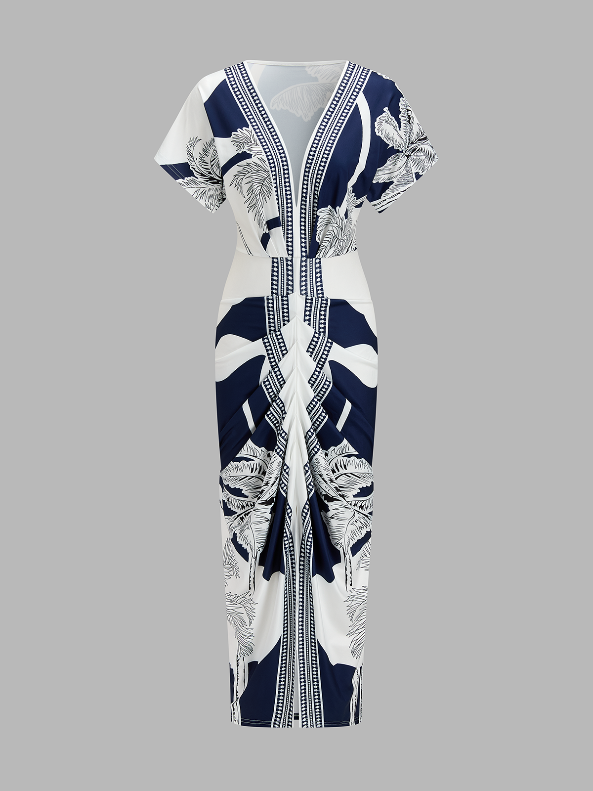 Printed Deep V-Neck Midi Dress Without Belt for Women Casual Spring