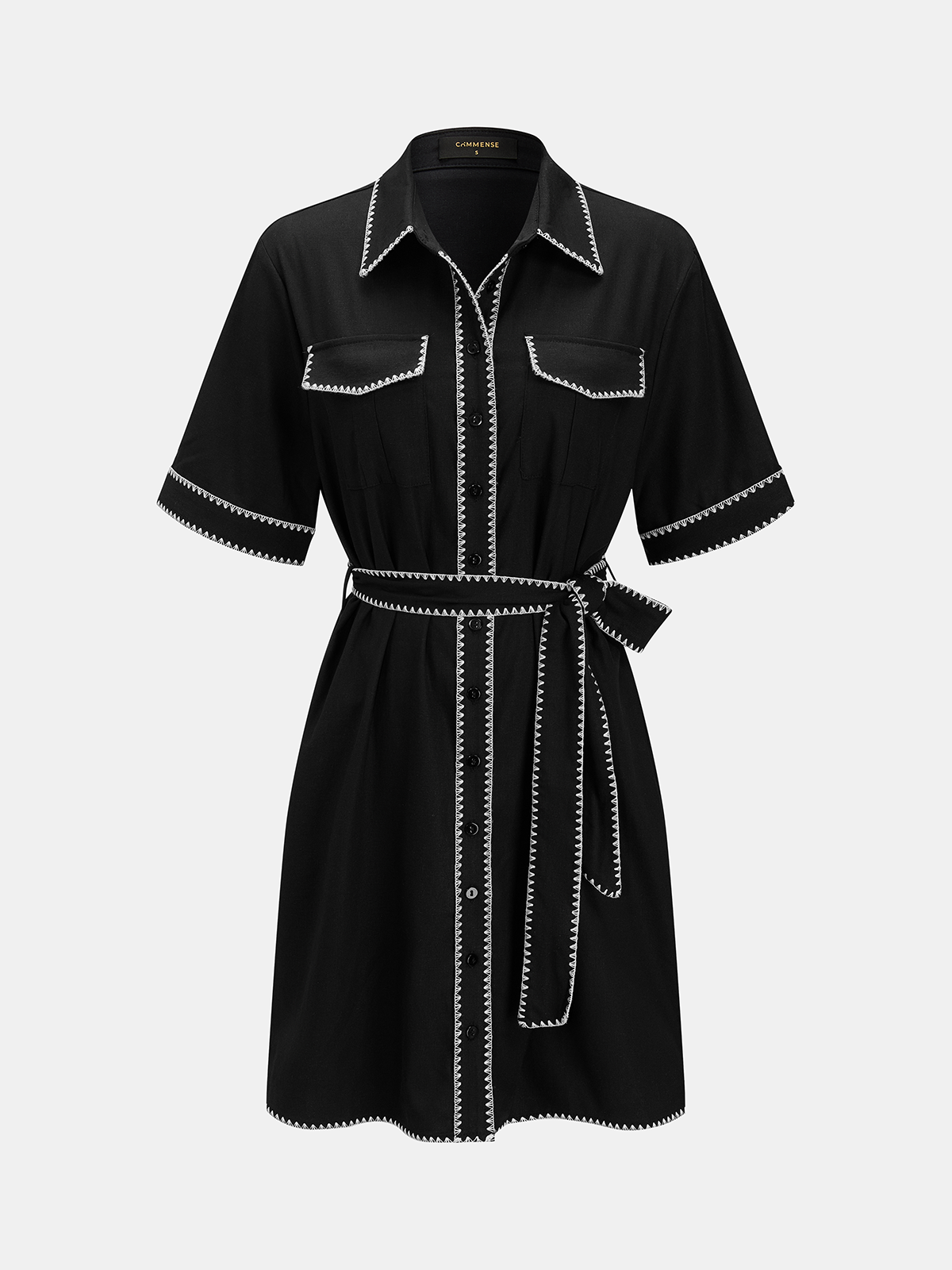 Oversized Contrast Stitch Belted Shirt Dress with Button Front Closure