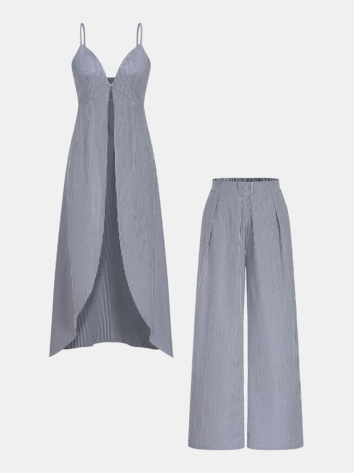 Striped Long Cami Top and Wide-Leg Pants Set with Adjustable Straps