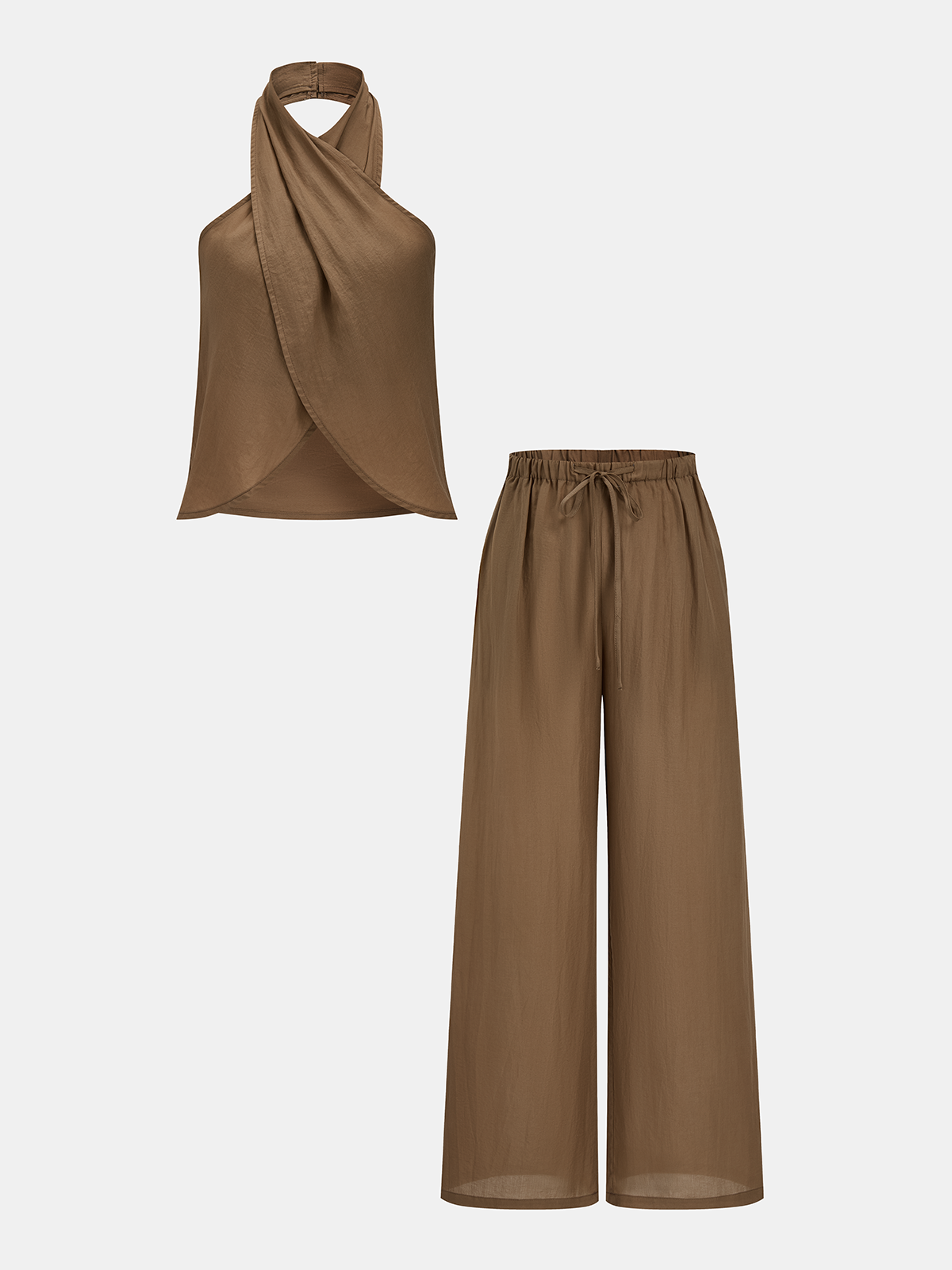 Semi-Sheer Halter Neck Top & Wide Leg Pants Set for Women, Elegant Evening Wear