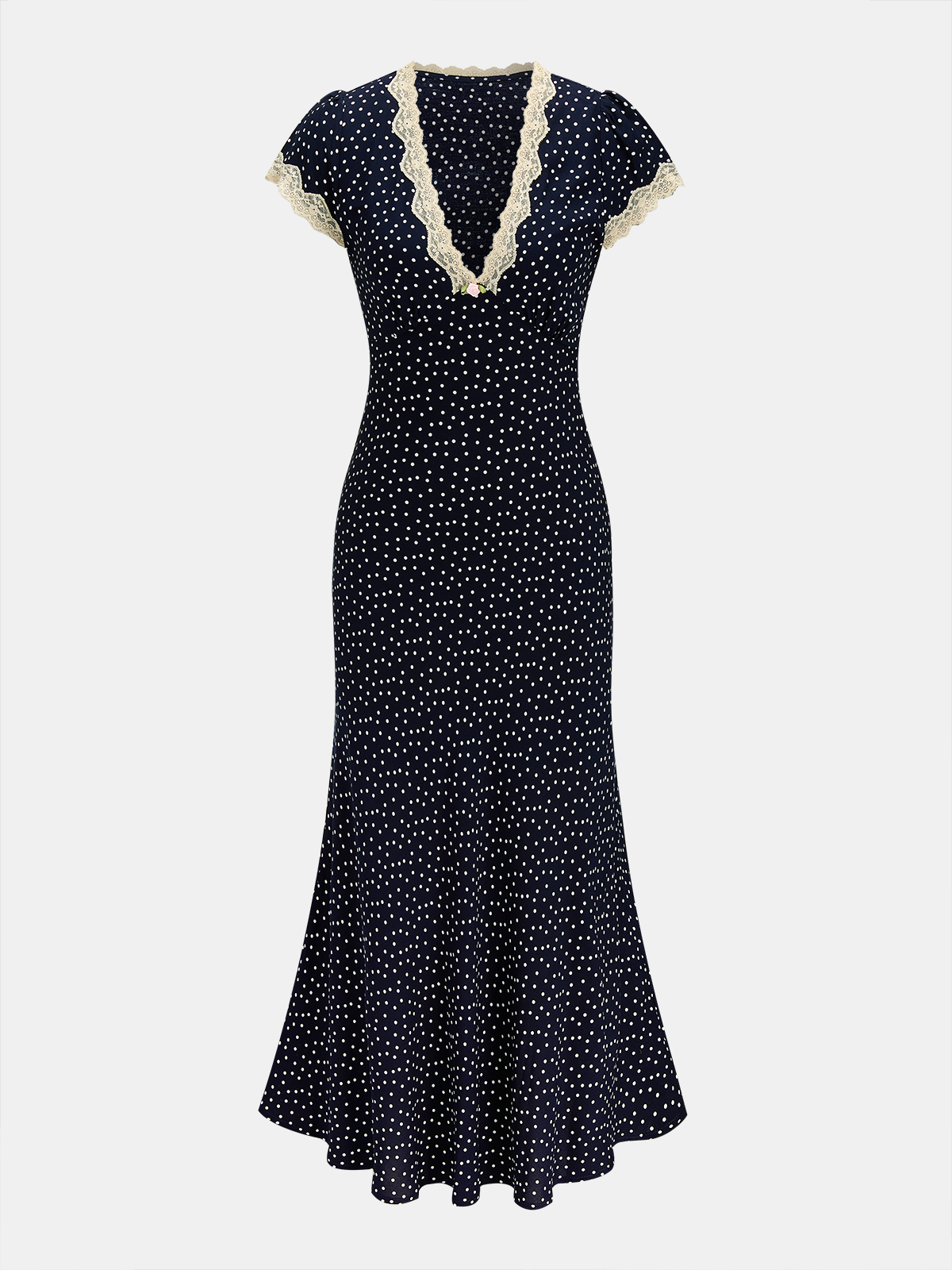Polka Dot Lace-Trim Dress with Elegant Sleeves and Neckline