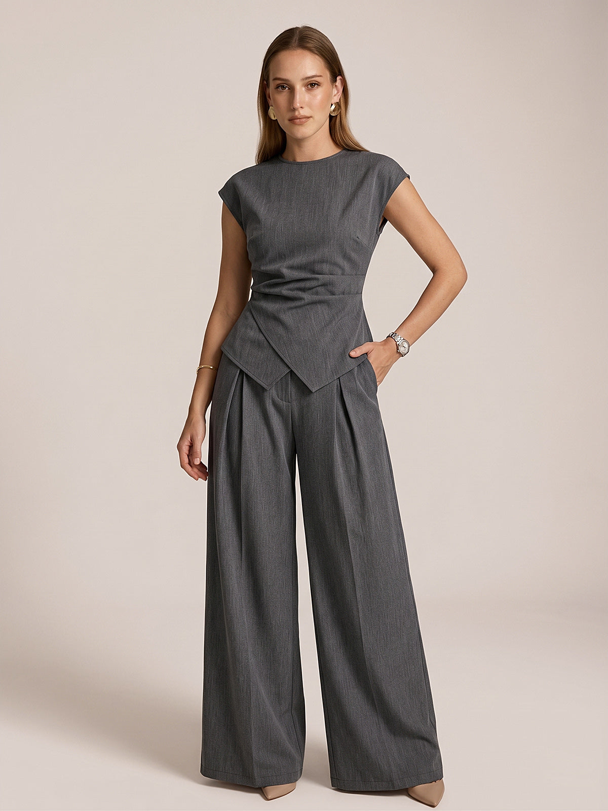 Cap Sleeve Ruched Blouse & Pleated Pants Set for Women, Elegant Office Wear