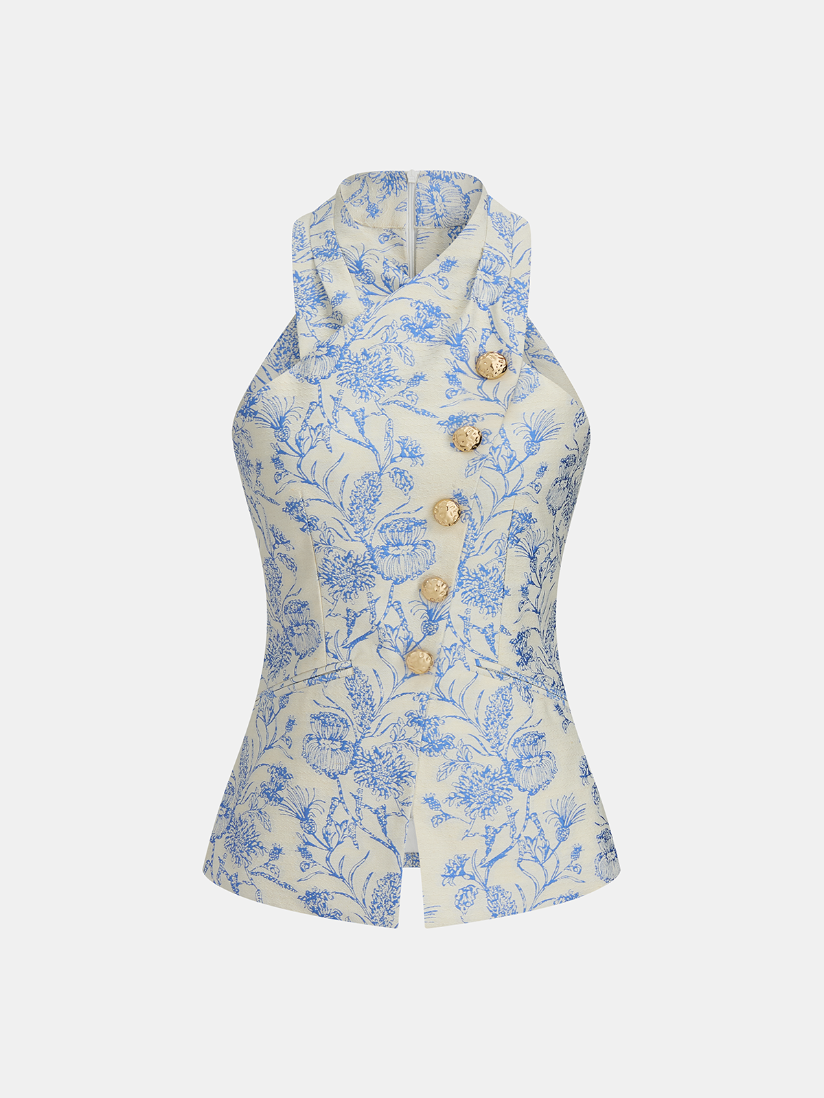 Metal Button Floral Jacquard Halter Vest Elegant Design for Women