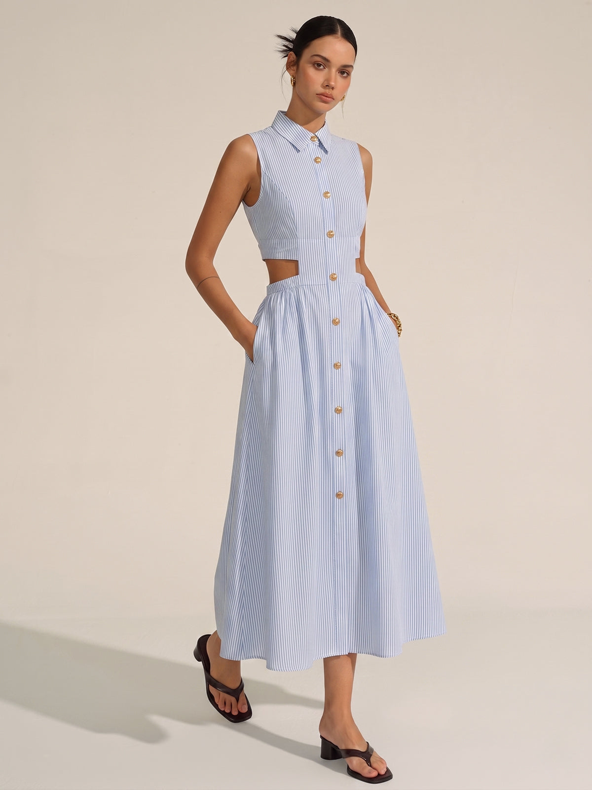 Sleeveless Cutout Striped Midi Shirt Dress with Belt Tie Detail