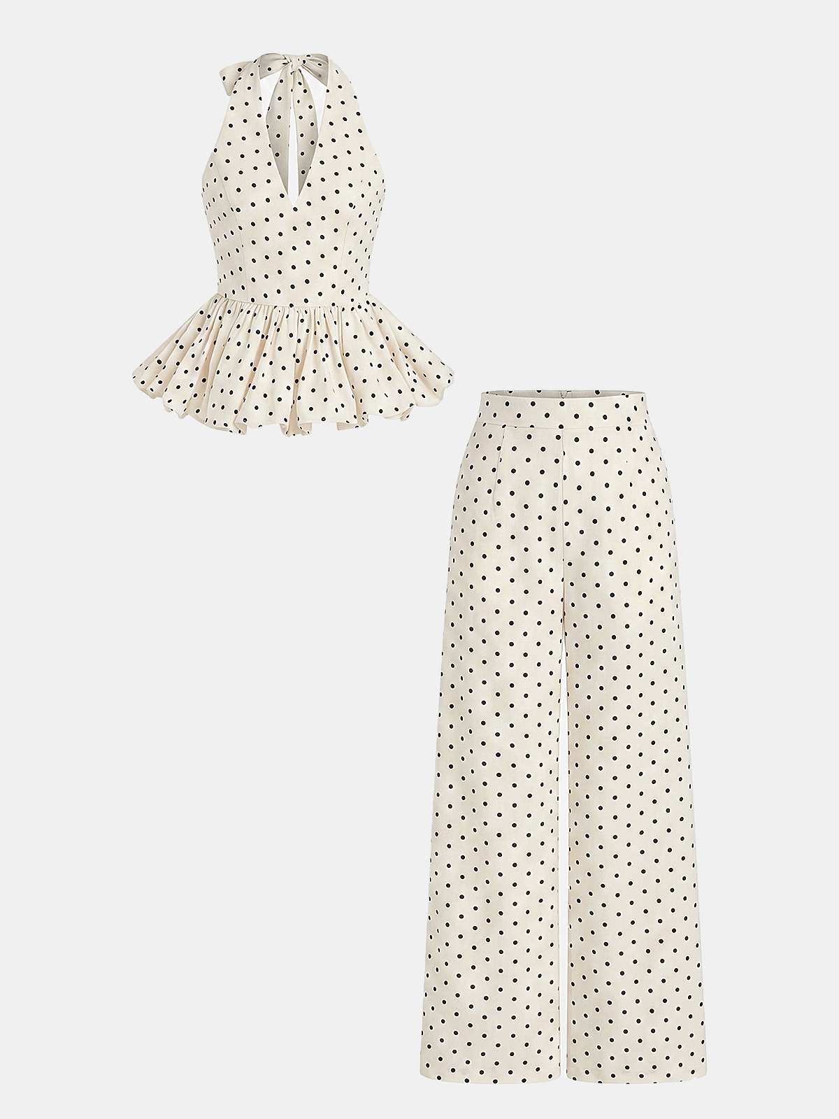 Linen Blend Polka Dot Peplum Top & Pants Set for Women Summer Casual